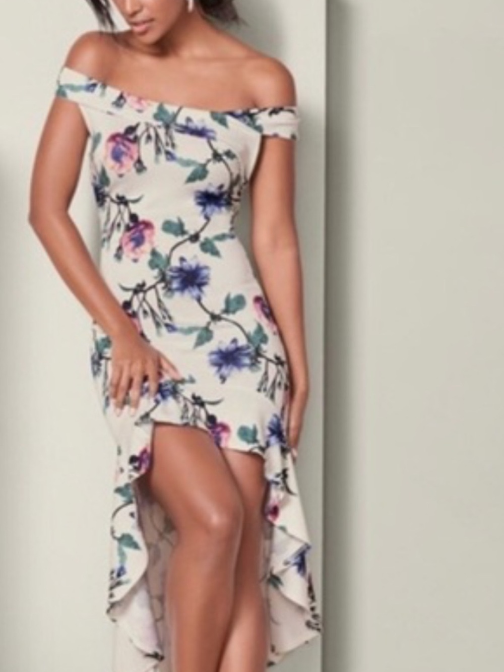 VENUS Off-Shoulder Floral Ruffle Hem Dress in Ivory with Pink & Blue Blooms